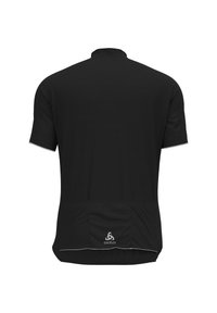 Jersey de ciclismo de manga corta en negro con un patrón texturizado, detalles reflectantes a lo largo de las mangas y un logo impreso en el dobladillo inferior de la parte posterior.