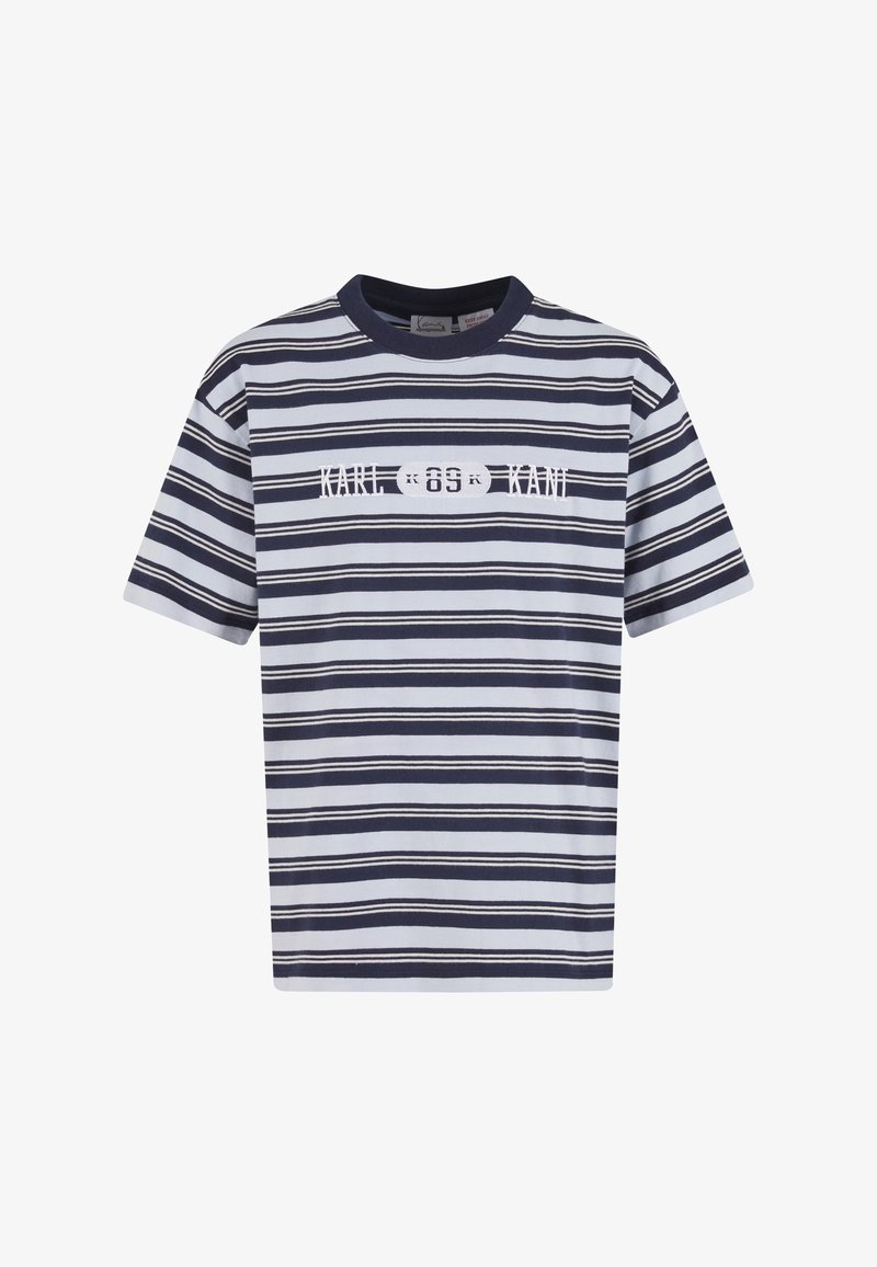 Kortærmet t-shirt med rund hals, navy og hvide vandrette striber og teksten "KARL 89 KANI" tværs over brystet.