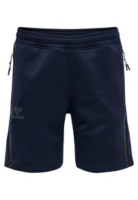 Mörkblå atletiska shorts gjorda av slätt tyg, med dragkedjefickor på sidorna och en subtil logotyp på framsidan.