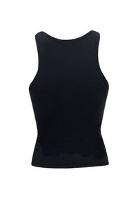 Camiseta de tirantes negra sin mangas con una textura suave, un escote redondeado y un diseño ajustado, adecuada para usar de forma casual o en actividades deportivas.