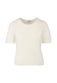 Kortermet kremfarget genser laget av mykt, lodden materiale med rund hals og en kropp som sitter tett, designet for en komfortabel passform.