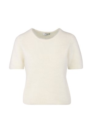 Kortermet kremfarget genser laget av mykt, lodden materiale med rund hals og en kropp som sitter tett, designet for en komfortabel passform.