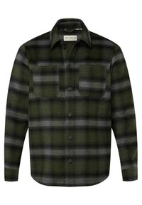 Camisa de franela a cuadros en verde y gris, con cuello, mangas largas, bolsillo frontal y cierre de botones. La tela tiene un acabado suave y texturizado.