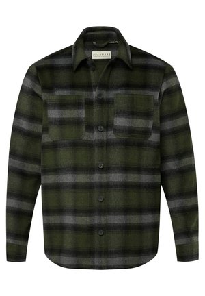 Camisa de franela a cuadros en verde y gris, con cuello, mangas largas, bolsillo frontal y cierre de botones. La tela tiene un acabado suave y texturizado.