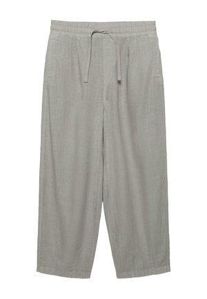 Jasnoszare luźne spodnie z elastycznym pasem, troczkiem i bocznymi kieszeniami, prezentowane na białym tle.