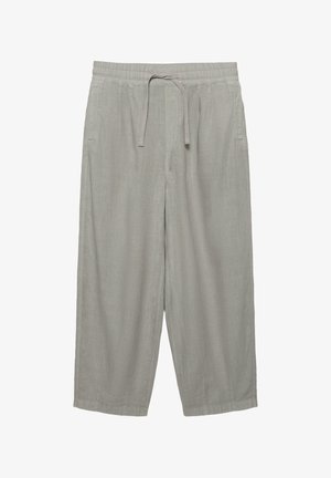 Hellgraue locker sitzende Hose mit elastischem Bund, Kordelzug und Seitentaschen, auf weißem Hintergrund dargestellt.