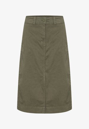 Hame olive green valmistettu puuvillasta, suora muoto, etupainikekiinnitys ja sileä rakenne. Ei koristeita tai kuvioita.