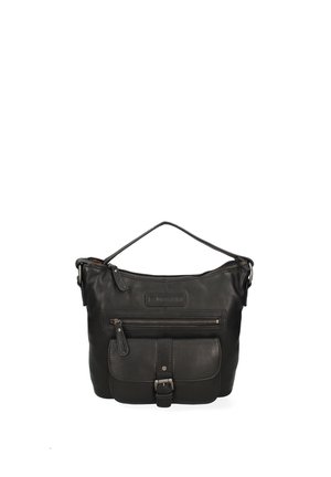 Zwarte leren handtas met een enkele handgreep, een voorvak met rits en een kleiner voorvak met klep en gespsluiting.