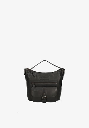 Borsa nera in pelle con un manico singolo, tasca frontale con cerniera e una tasca anteriore più piccola con patta e chiusura a fibbia.