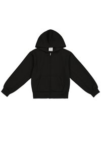 Haut à zip noir fabriqué en tissu doux. Doté d'une capuche avec un cordon de serrage, d'une poche kangourou à l'avant et de poignets côtelés. Design simple sans motifs.