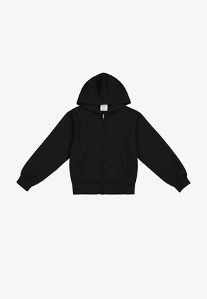 Felpa nera con zip realizzata in tessuto morbido. Presenta un cappuccio con coulisse, una tasca a marsupio frontale e polsini a coste. Design semplice senza motivi.