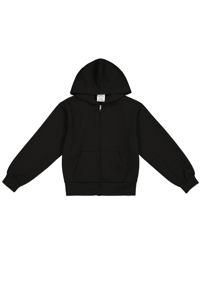 Haut à zip noir fabriqué en tissu doux. Doté d'une capuche avec un cordon de serrage, d'une poche kangourou à l'avant et de poignets côtelés. Design simple sans motifs.