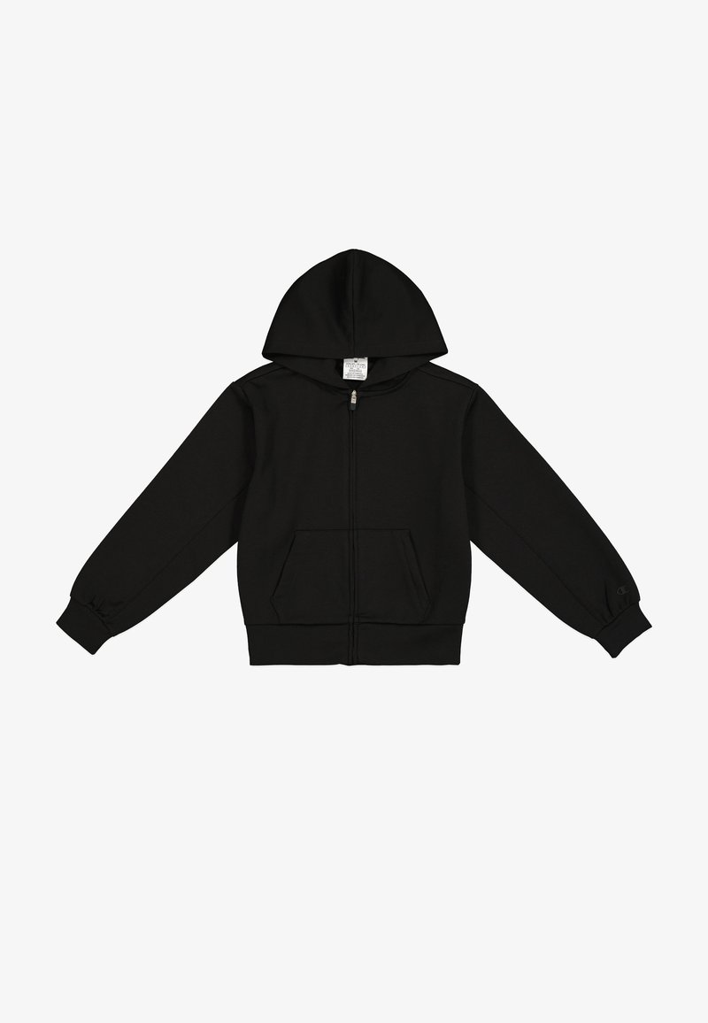 Sudadera negra con cremallera hecha de un tejido suave. Presenta una capucha con cordón, un bolsillo canguro delantero y puños acanalados. Diseño sencillo sin patrones.