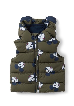 Gilet imbottito verde per bambini con cerniera intera, con facce di topo da cartone animato blu scuro e bianche e orecchie da topo di stoffa sul cappuccio.