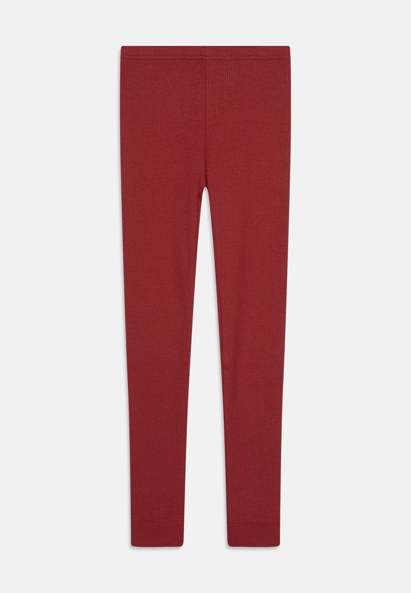 Red ribbed leggings with a fitted shape, stretchy fabric, and a plain waistband, suitable for casual wear.