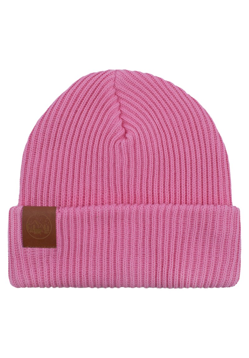 Różowa dzianinowa czapka z prążkowanym teksturą i zawiniętym mankietem. Posiada skórzaną metkę z wzorem góry po boku.