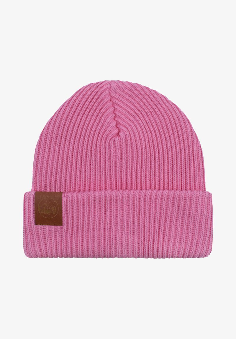 Różowa dzianinowa czapka z prążkowanym teksturą i zawiniętym mankietem. Posiada skórzaną metkę z wzorem góry po boku.