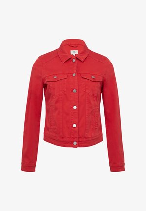 Rode spijkerjack met een kraag, vo pockets en zilveren knoopsluitingen. Heeft een aansluitend ontwerp en een gestructureerde stof.