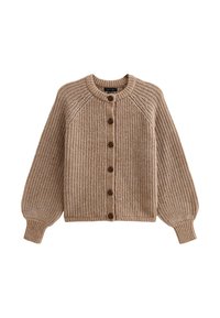 Gilet en tricot beige avec un col rond, fermeture à boutons et manches bouffantes. Présente une texture côtelée et cinq boutons marron.