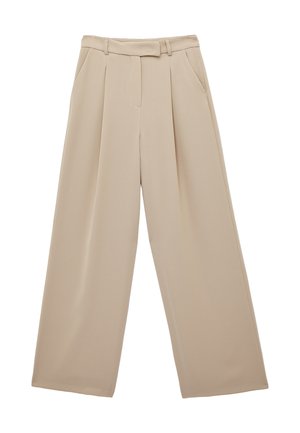 Beige Hosen mit weitem Bein, vorderen Falten, seitlichen Taschen und einem Bund mit einem Stoffgürtel-Detail.