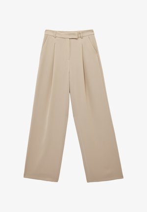 Beige broek met brede pijpen, voorplooien, zijzakken en een tailleband met een stoffen ceintuurdetail.