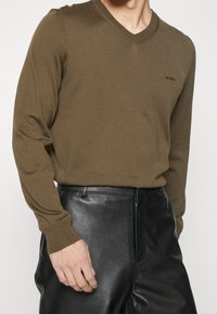 Olivgrüner V-Ausschnitt-Pullover mit geripptem Muster und langen Ärmeln, kombiniert mit schwarzer Lederhose. Dezentes Logo auf der Brust.