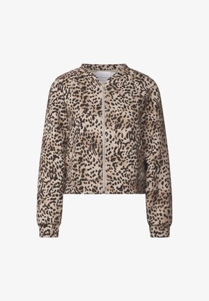 Gekürzter Blazer mit einem beigen und braunen Leopardenmuster, weichem Stoff, Frontreißverschluss sowie gerippten Bündchen und Saum.