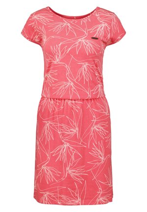 Robe corail rose longueur genoux avec manches courtes, taille élastique et motifs floraux abstraits en lignes blanches.