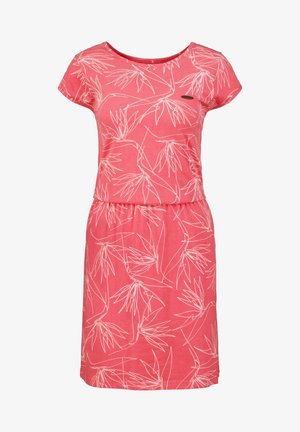 Robe corail rose longueur genoux avec manches courtes, taille élastique et motifs floraux abstraits en lignes blanches.