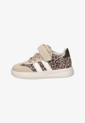 Beige and leopard print toddler sneaker with white stripes, velcro strap, metallic heel accent, and white rubber sole.