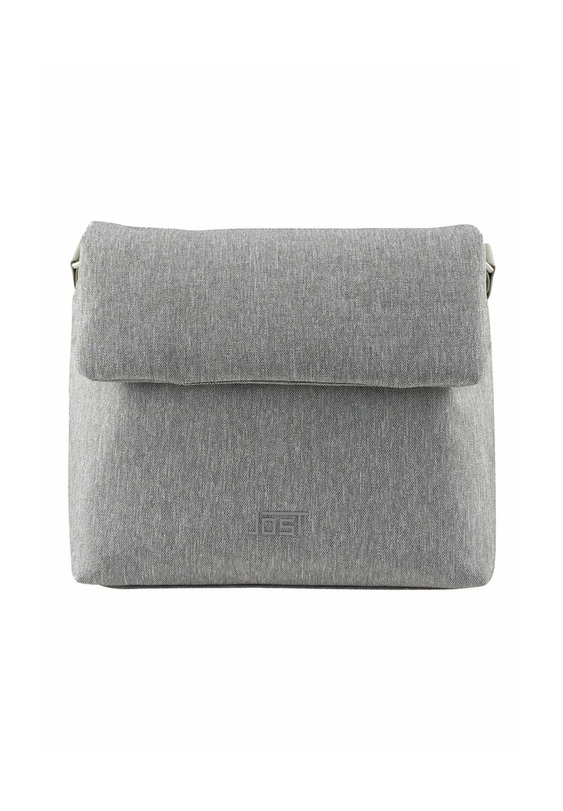 Borsa a tracolla in tessuto grigio con chiusura a patta, logo impresso sul davanti e tracolla regolabile. Tessuto liscio con un sottile motivo melange.