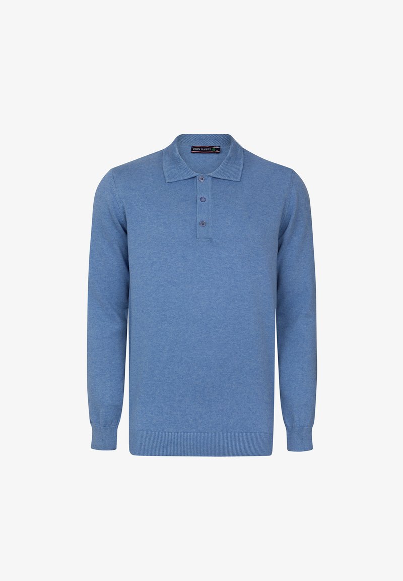 Modrá polo košile s dlouhým rukávem vyrobená z měkké látky, s klasickým límcem, tříknoflíkovou légou a ribbovanými manžetami a lemem.