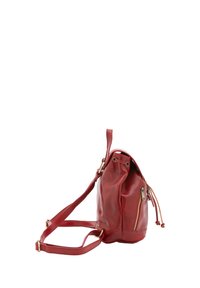 Borsa a spalla in pelle rossa con forma arrotondata, tracolla regolabile, chiusura a cordoncino e tasca laterale con zip; texture liscia con una leggera lucentezza.