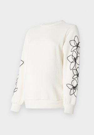 Sweatshirt i kremfarget bomull med lange ermer. Har svart blomsterbroderi på begge ermer. Rund hals og ribbestrikkede mansjetter.