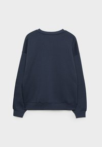 Felpa a maniche lunghe di colore blu navy con polsini, orlo e colletto a costine, vista posteriore su uno sfondo bianco semplice.