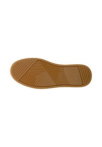 Sole of a brown rubber shoe with geometric textured patterns, including diagonal lines and a central rectangular groove.