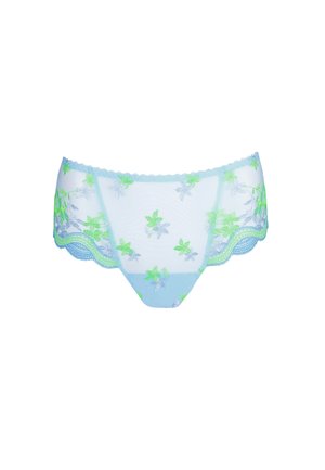 Lichtblauwe doorschijnende kanten slip met groene en witte bloemrijke borduurwerk en gegolfde randen.