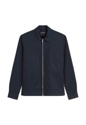 Navy zip-up jacket in a smooth fabric, featuring a pointed collar, two front patch pockets, and long sleeves with buttoned cuffs.