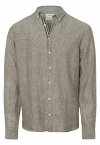 Camicia in lino grigio chiaro con finitura testurizzata, dotata di colletto e dettagli a righe a contrasto all'interno del girocollo.