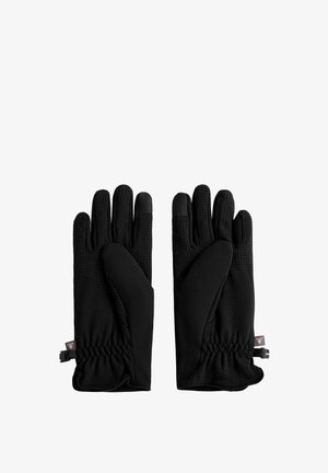 Schwarze Handschuhe mit glatter Oberfläche, strukturiertem Handflächenbereich und Fingergriffen. Mit elastischen Bündchen und verstellbaren Handgelenkriemen für einen sicheren Sitz.