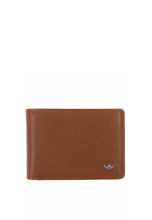 Portefeuille portefeuille brun en cuir avec couture visible et petit emblème tête de taureau argenté en bas à droite.