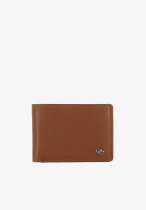 Portefeuille portefeuille brun en cuir avec couture visible et petit emblème tête de taureau argenté en bas à droite.