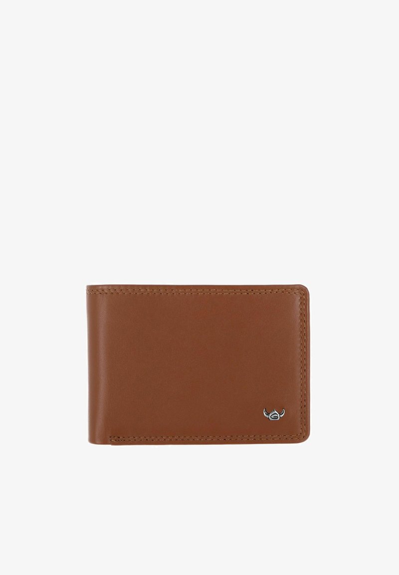 Portefeuille portefeuille brun en cuir avec couture visible et petit emblème tête de taureau argenté en bas à droite.