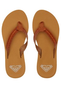 Flip-flops with a brown patterned strap, tan footbed, and textured sole. Features a heart logo in silver on the footbed.