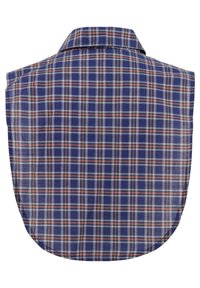 Marine geruite blouse met een kraag, korte mouwen en een soepele stof met rode en witte accenten in het patroon.