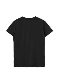 Svart t-shirt med kort ärm i bomull. Har en klassisk rund halsringning och en mjuk textur utan mönster eller utsmyckningar.