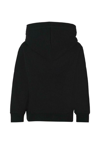 Felpa nera con cappuccio, dal taglio morbido e rilassato, con una texture soffice, polsini a costine e orlo dritto. Nessun dettaglio di design frontale visibile.