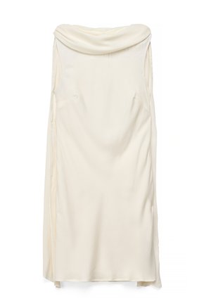 Bezrukávové midišaty krémovej farby s odhalenými ramenami a hladkou štruktúrou látky.