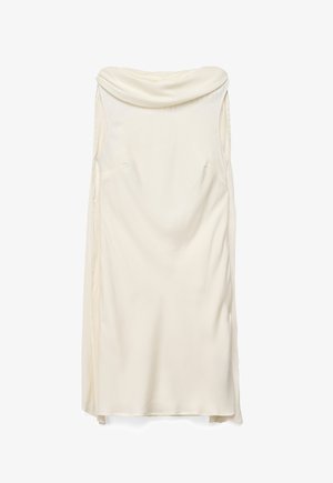 Bezrukávové midišaty krémovej farby s odhalenými ramenami a hladkou štruktúrou látky.
