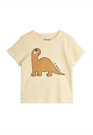 T-shirt en coton jaune clair avec un imprimé de dinosaure cartoon brun, manches courtes, col rond et texture douce.